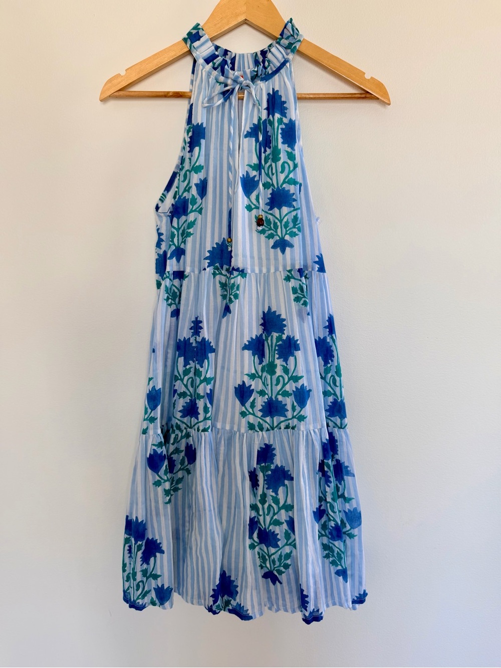 Oliphant Blue Floral Stripe Tiered Halter Dress Size Small 100% Cotton